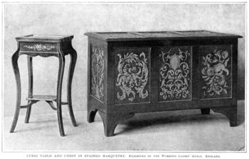 Curio Table and Chest in Stained Marquetry.  Exhibited by the Working Ladies' Guild.  England.