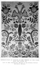 Reproduction of Curtain of the Throne of the Czars Jean and Peter, 1681.  Lent by Mme. Schabelskoi, Member of the Imperial Russian Historical Museum.