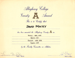 Allegheny College Varsity A Award - David Macky