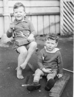 David Wallace Macky and Peter Wallace Macky playing in back yard just before leaving NZ, May 1939