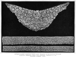Antique Raised Venetian Point Lace.  Exhibited by the Countess Telfener.  Flounce Venetian Point XVII Century.  Exhibited by the Countess di Brazza.  Italy.