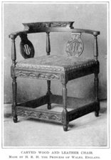 Carved Wood and Leather Chair.  Made by H. R. H. the Princess of Wales.  England.