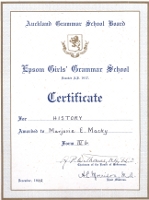 Marjorie Macky's History Certificate from the Epsom Girls' Grammer School, Form IIIb, December 1922